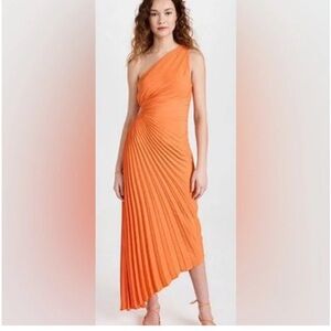 NWT House of Harlow 1960 Orange Cut Out One Shoulder Pleated Dress Size Medium